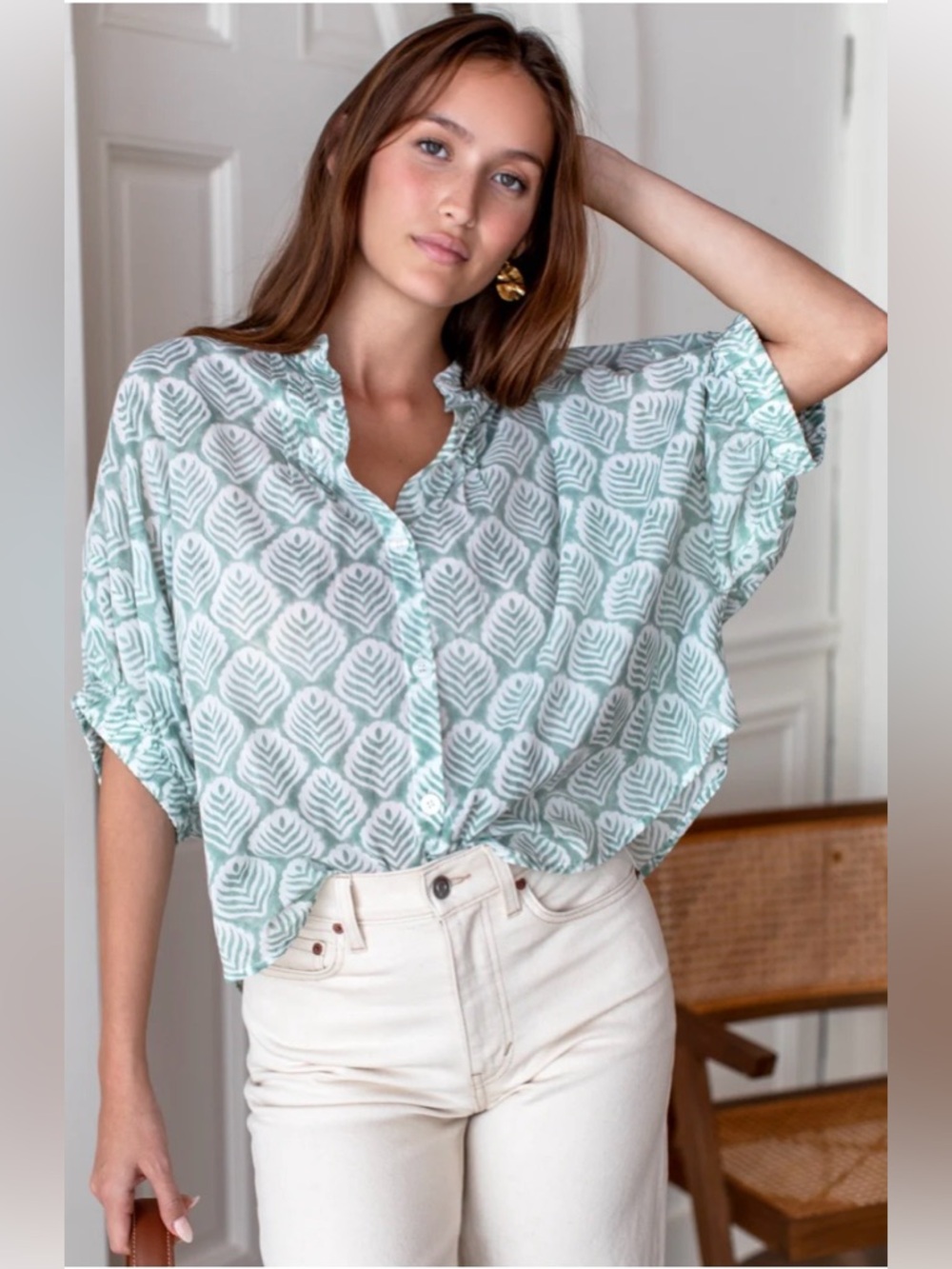 Emerson Fry India Collection Mandarin Collar Top in Elm